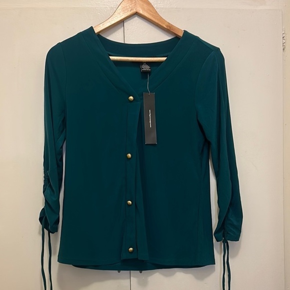 Green Button Down Shirt with Ruched Sleeves and Crew Neckline